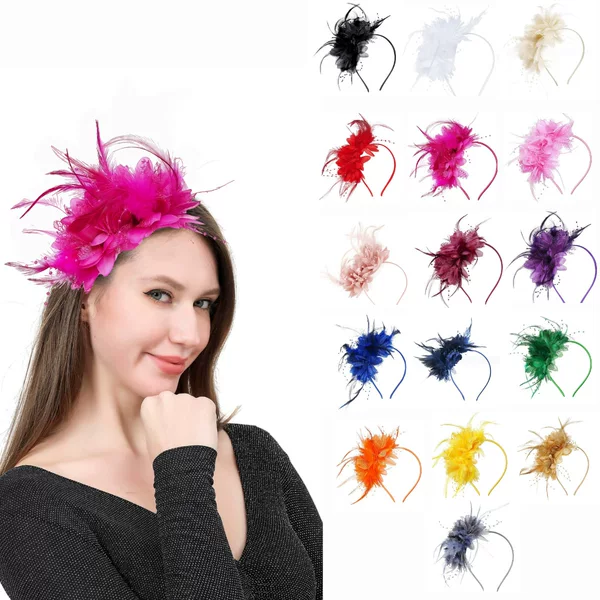 Amazon Mesh Polyester Two Flower Feather Headband Party Ball Ladies Head Flower Horse Racing Tea Party Hair Accessories