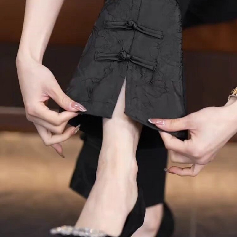 Chinese Style Pants Retro Bootcut Pants 2025 New Style Casual Chinese Style Buckle Elastic Slimming Women's Pants