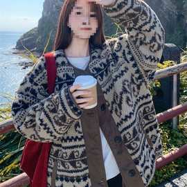 费尔岛民族风仿羊羔毛女外套冬款棉衣新款小个子加厚棉服上衣