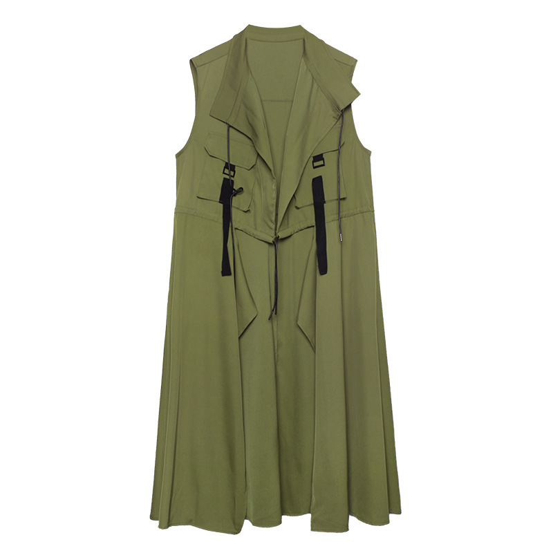 Estilo coreano traje suelto collar sin mangas Chaleco de primavera y otoño de las mujeres delgada cintura apretada diseño sentido nicho estilo occidental cardigan vestido