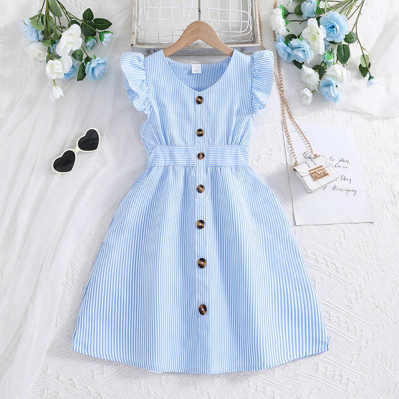 Ropa infantil para niñas, vestido infantil de comercio exterior, novedad de verano 2026, elegante vestido de princesa a rayas con mangas con volantes, venta al por mayor