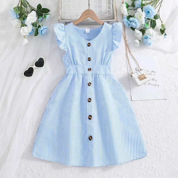 Girls' Children's Clothing Foreign Trade Children's Dress 2026 Summer New Stylish Flutter Sleeve Striped Princess Dress Wholesale
