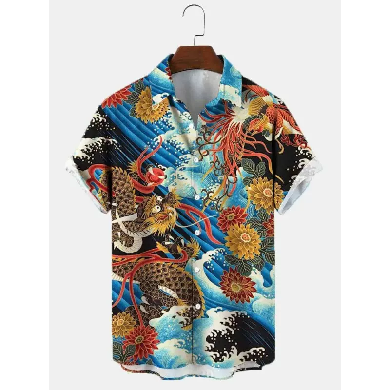 跨境2023夏男士衬衫3D数码印花动物图案大码宽松翻领短袖衬衣潮