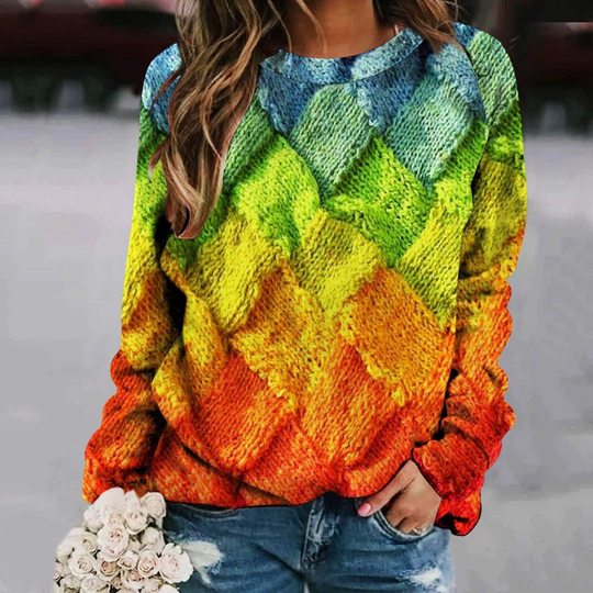 1688 women's clothing 2023 autumn new wish creative sweater printed stitching round neck Raglan long sleeve women's sweater