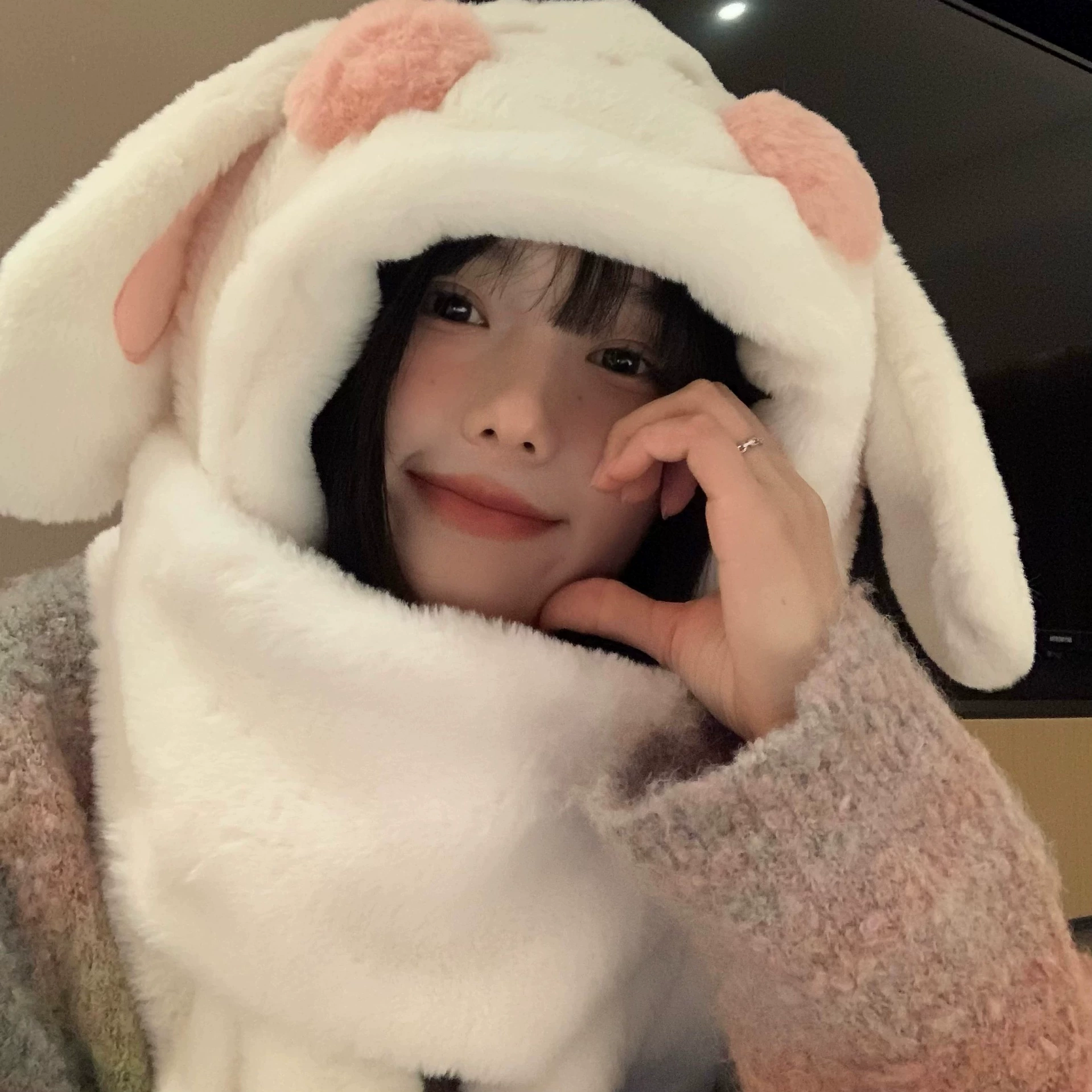 Keep warm hat, cute rabbit, plush scarf, gloves, set, increased thickness, 3 piece set
