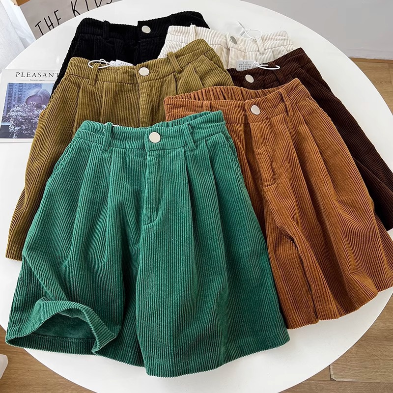 Autumn and Winter New Retro A Casual Wide Leg Pants Word Pants Small High Waist Slimming Corduroy Shorts Women's Black