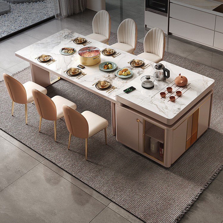 Mesa de comedor de mesa de mesa de isla integrada, losa de roca de lujo ligero, giratoria, retráctil, móvil, cocina de inducción doméstica moderna, combinación de mesa y silla de comedor