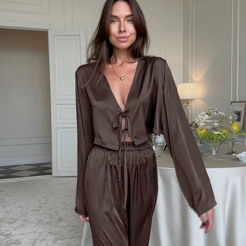 Summer long‑sleeve pajama set, trousers and top, European style, soft stretch (95% polyester)