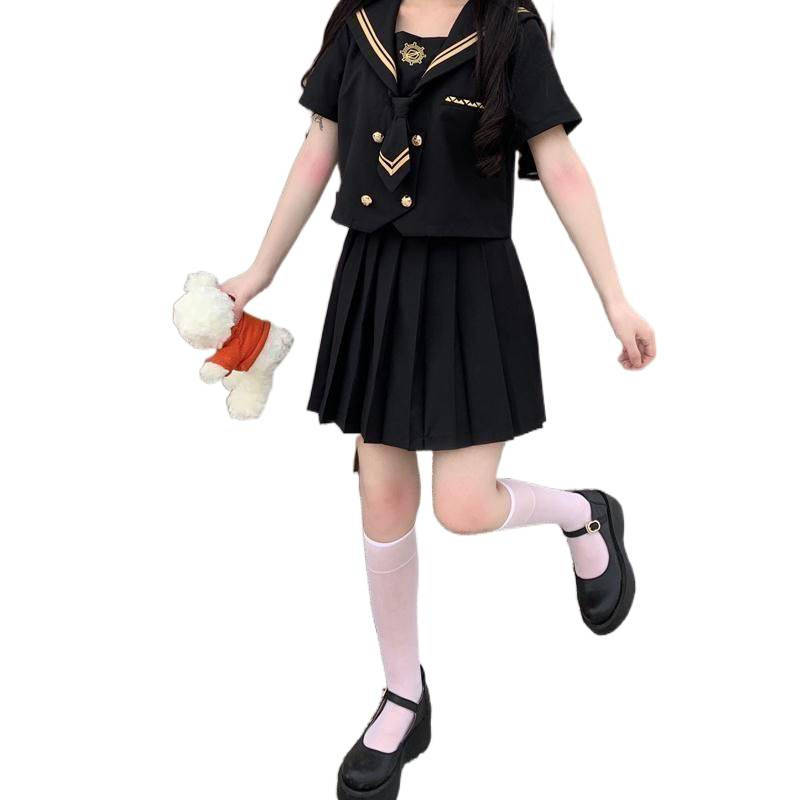 沙河【两件套装】夏季新款黑暗系j制服学院风学生水手领上衣百褶|undefined