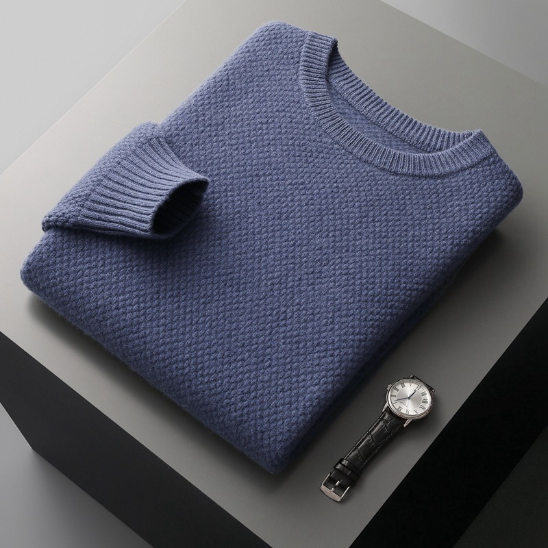 Otoño e invierno suéter de cachemira cuello redondo de los hombres suéter engrosado de color sólido suelta casual negocio bienes genuinos lana suéter de fondo