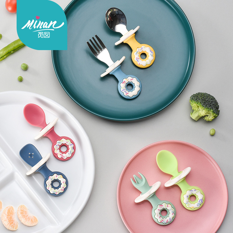 New Baby Learning to Eat Training Spoon and Fork Soft Spoon Complementary Feeding Spoon Stainless Steel Children's Tableware Silicone Short Handle Licking Spoon