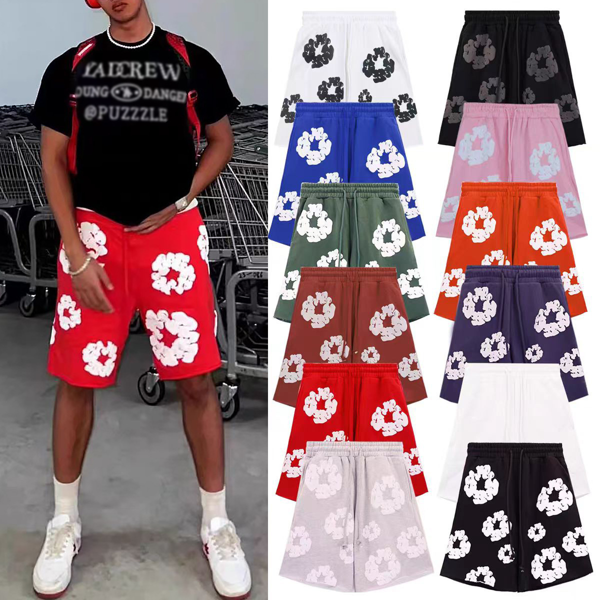 Cross-Border Popular Denim Tear Kapok Foam Printed American Men's and Women's Shorts Ins Summer Casual Men's Pants