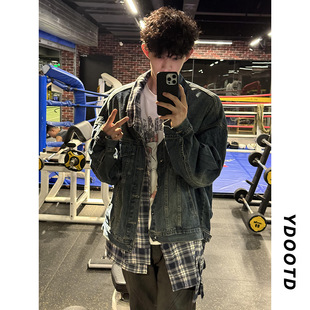 Plaid Shirt Splicing Fake Two-Piece Retro Denim Jacket Design Niche Tops Couple Jackets Men's Handsome and Trendy