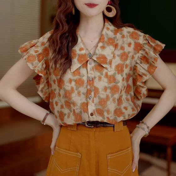 Hong Kong Wind Feifei Sleeve Short Sleeve Shirt Summer 2025 New Design Sense Niche Elegant Meat Covering Shirt Shoulder Top