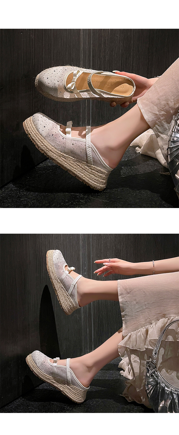 Xăng đan gót xuồng dệt đế dày 5cm bít mũi lưới phong cách nghỉ dưỡng — Lưới kim cương nóng, Lưới chấm bi, Lưới chi tiết 18
