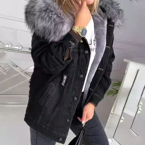 Ripped Women's Top 2024 Winter Denim Clothing Cross-Border Thickened Denim Jacket Fleece-Lined European and American Style Thickened Warm-Keeping