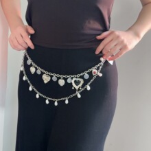 欧美复古风珍珠爱心吊坠双层腰链时尚气质重工潮流设计感腰带饰品