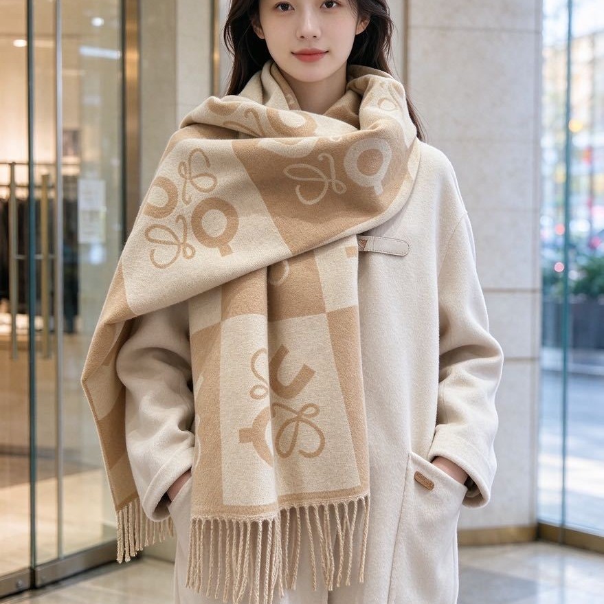 Chessboard-patterned letter-print milk tea LOE jacquard wool scarf, women's glacier blue neck warmer, double-sided cashmere, couple's style shawl