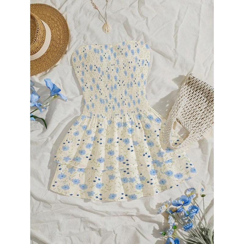 D 85074 comercio exterior Aliexpress moda transfronteriza azul navy pliegue sin correa de hombro bordado agujero sexy