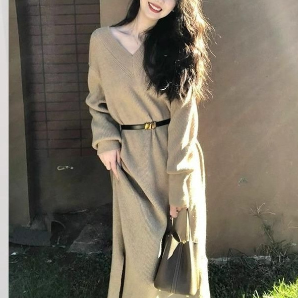 Knitted Sweater Slit Classy Exquisite Dress 2025 Spring & Fall New Women's Clothing Beautiful Pure Color Skirt Autumn and Winter Style Knitted Sweater Slit Classy Exquisite Dress 2025 Spring & Fall New Women's Clothing Beautiful Pure Color Skirt Autumn and Winter Style