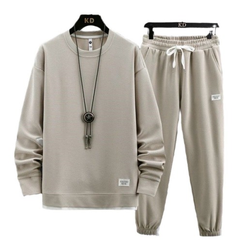 Cross-border wholesale 2024 new waffle print sweatshirt set for men autumn solid color long sleeve T-shirt and pants sports casual
