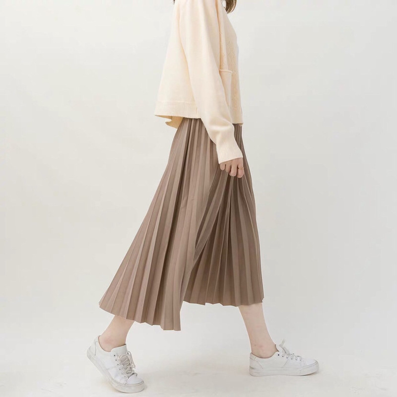 Spring 2022 Brown Mid-length Temperament Commuter Pleated Skirt Stitching Solid Color Long Skirt Skirt