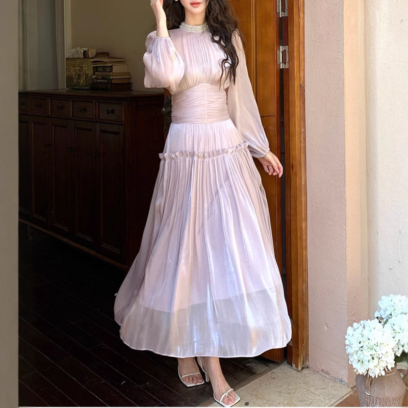 French Elegant Elegant Waist Long Puff Sleeve dress Women's Spring New Pleated Satin Dress