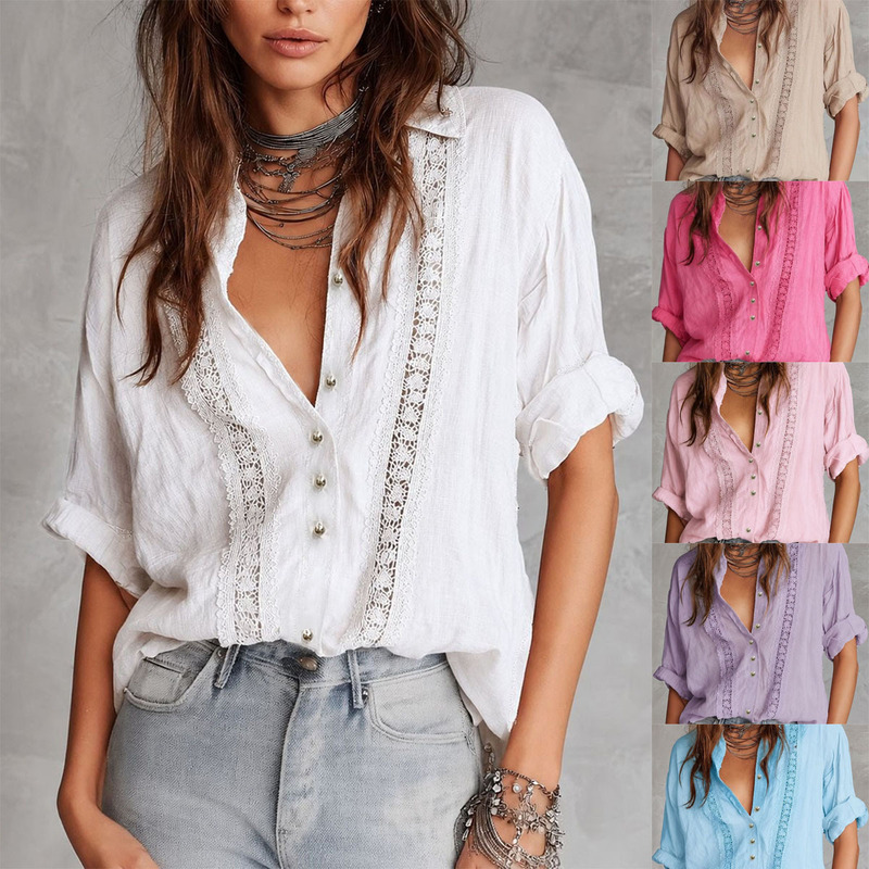 2026 Autumn New Cross-Border European and American Bohemian Hollow Lace Loose Vintage Patchwork Casual Shirt for Women