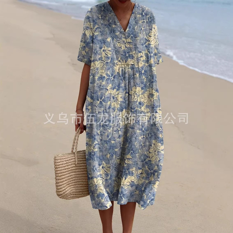 2026 New Cross-Border Hot-Selling Independent Site Amazon Shirt Dress Women's Casual Floral 3D Printed Long-Sleeve Dress