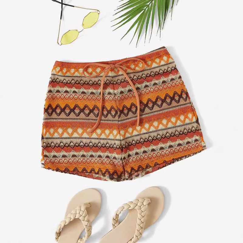 Cross Border Amazon Women's Summer Beach Shorts Geo Printed Staggered Waist Knot Sweatpants Beach Carnival Clothing