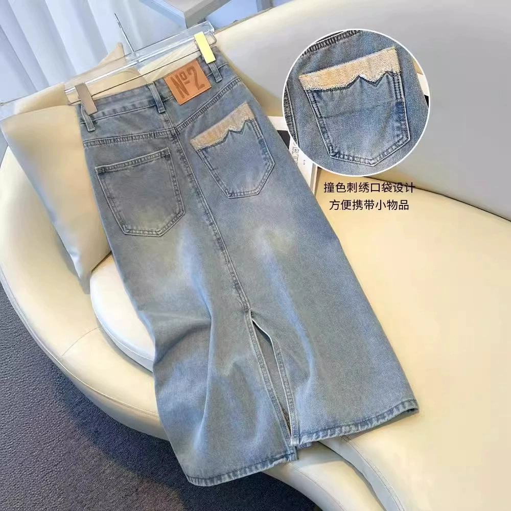 Светлая джинсовая юбка Женская весенняя летняя модель 2024 новая средняя длина с высокой талией тонкая и открывная юбка