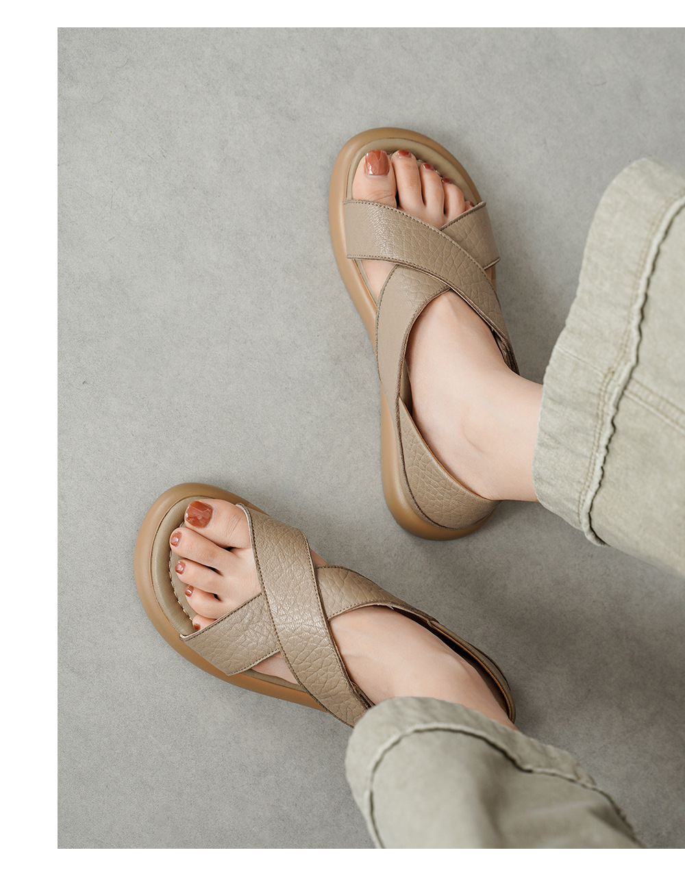 Sandal nữ hở mũi đế dày da cừu phong cách đơn giản, quai dán tiện lợi — màu be chi tiết 11