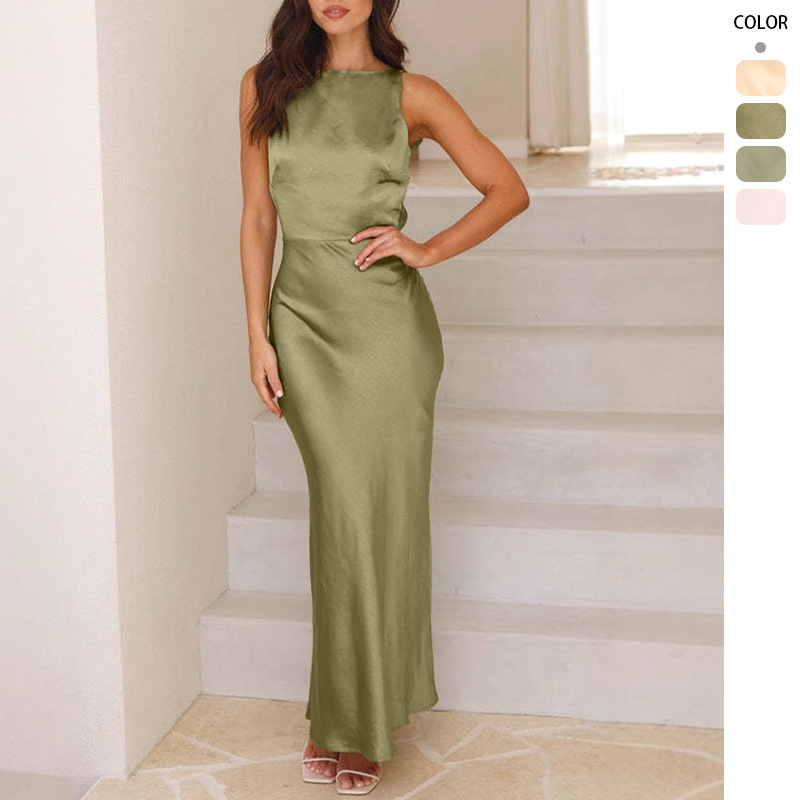 2025 European and American Cross-border Women's Long Fishtail Dress Solid Color Satin Sexy Backless Sling dress Dress Women