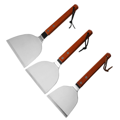 Wooden handle stainless steel large, medium and small cooking spatula Japanese steak spatula barbecue spatula hotel special pancake spatula
