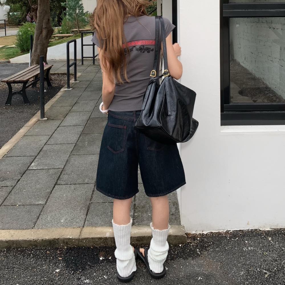 Unisex Straight Leg Denim Jeans Retro Washed Loose Fit Versatile New Summer Style Five Point Pants_mkmklike.com