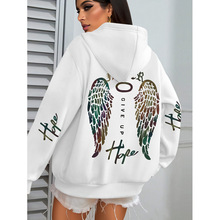 女式加大码天使翼连帽衫，带口袋的休闲长袖套头衫，涤纶