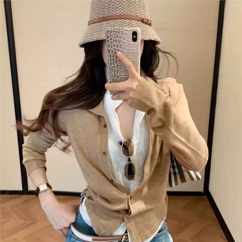 ONI Autumn New Linen Wool Patchwork Long Sleeve Fake Two-Piece Knitted Cardigan Women's Loose Slimming Outerwear Trendy ONI Autumn New Linen Wool Patchwork Long Sleeve Fake Two-Piece Knitted Cardigan Women's Loose Slimming Outerwear Trendy