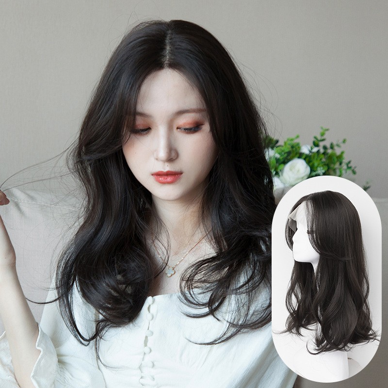 Peluca, cabello rizado femenino, encaje frontal, peinado coreano sin costuras, corte de pelo corto de clavícula femenina, casco completo de longitud media
