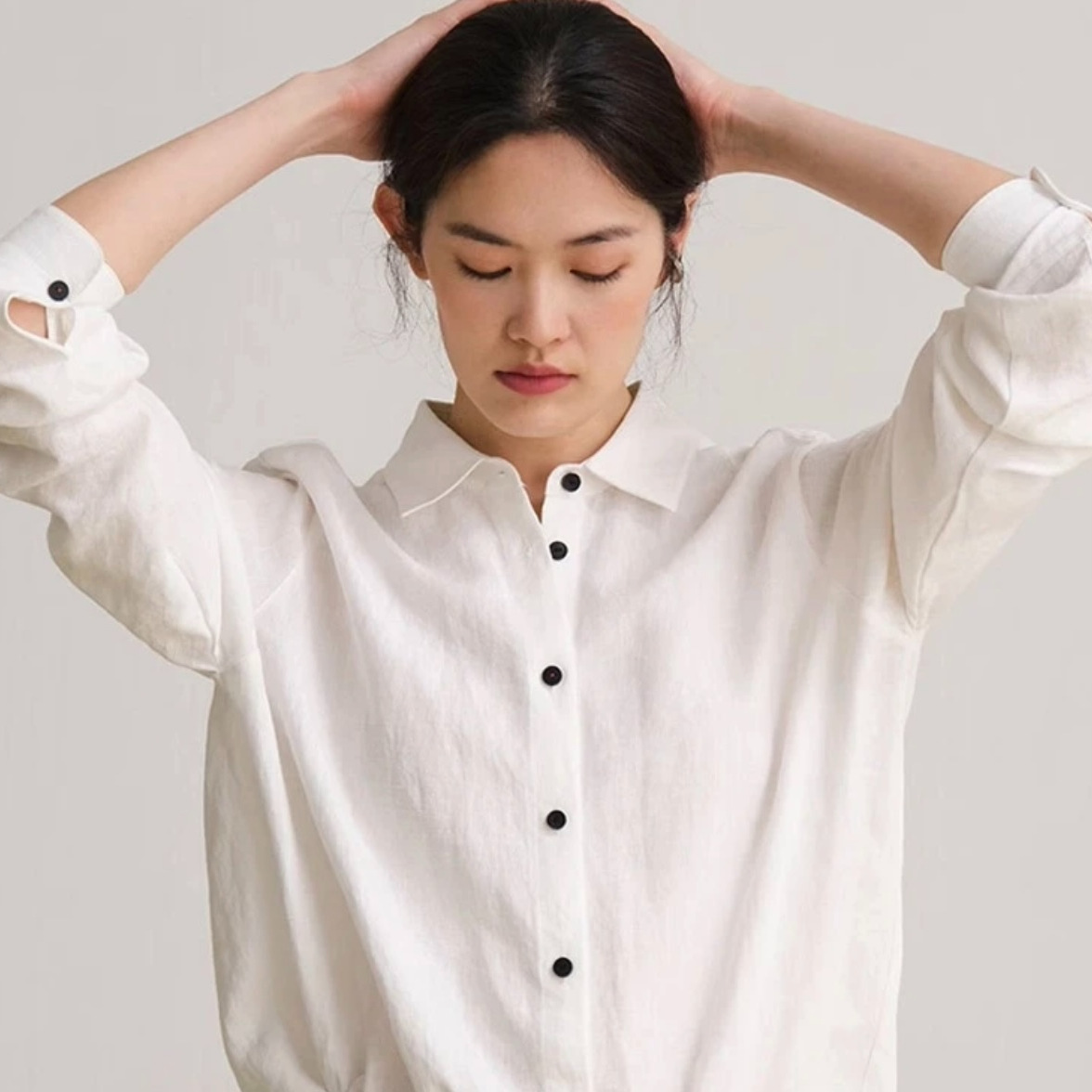 Women's linen shirt, spring/summer, loose fit, casual, simple, long-sleeved, retro layered top, 24038 ramie