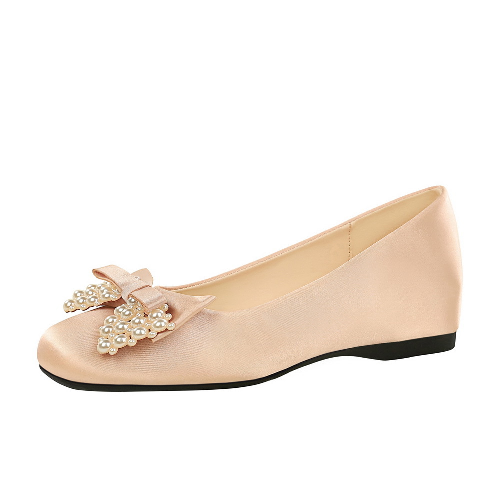 837-H165 Korean round toe, one foot, shallow mouth women's shoes, pearl bow, silk flat heel, height increasing single shoe for women
