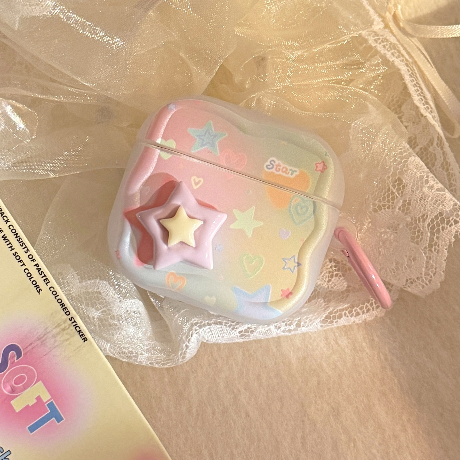 Color graffiti estrella estereoscópica airpods auriculares pro2 funda inalámbrica bluetooth 4 generación 1 anillo colgante 3