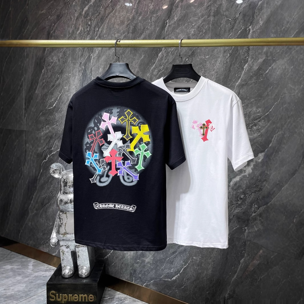 Correct Version of Chrome Hearts 24-Year-Old Sanskrit Rainbow Cross Foam Men's Short-Sleeved Cotton Large Size T-Shirt