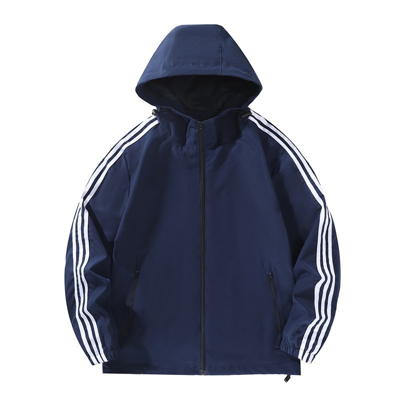 Primavera y otoño transfronterizos masculinos con tres barras encapuchadas chaqueta deportiva suelta a prueba de viento chaqueta de montaña casual al aire libre