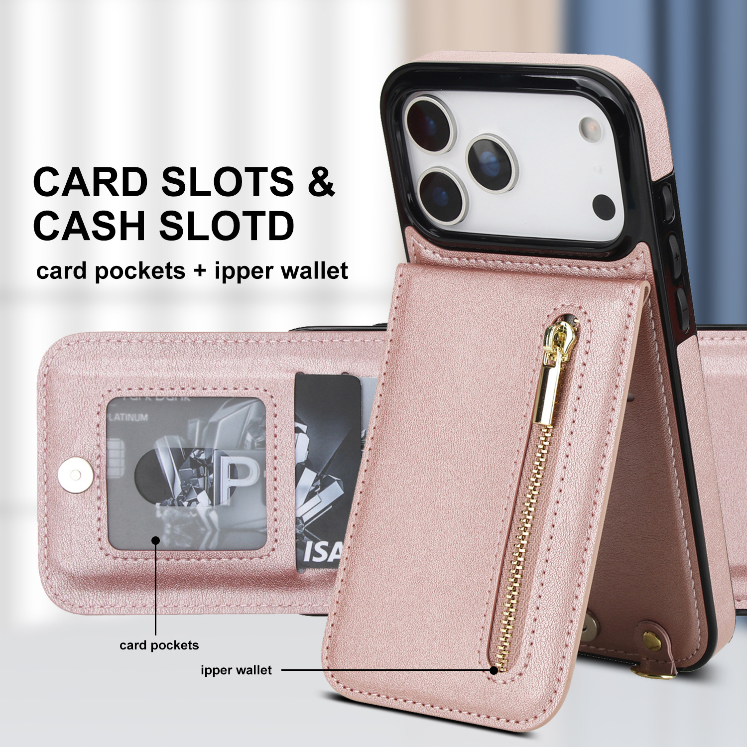 Funda para Teléfono con Soporte Cruzado y Cremallera, Compatible con iPhone 17 Pro, Ranura para Tarjetas para Apple 16, Funda de Cuero de Color Sólido para Samsung S25FE