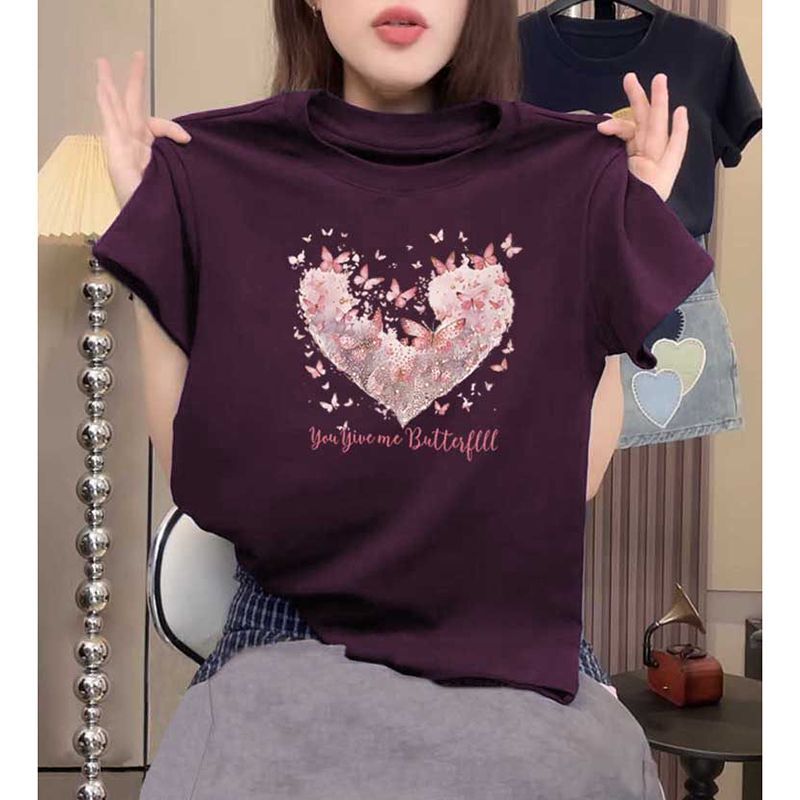 2026 Summer Hot-Selling Plum Purple Straight-Shoulder Pure Cotton Short-Sleeve T-Shirt Women's Fashion Versatile Stylish Top 2026 Summer Hot-Selling Plum Purple Straight-Shoulder Pure Cotton Short-Sleeve T-Shirt Women's Fashion Versatile Stylish Top