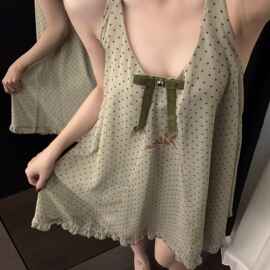 法式设计感波点睡裙女夏季新款大码蝴蝶结吊带荷叶边家居服可外穿