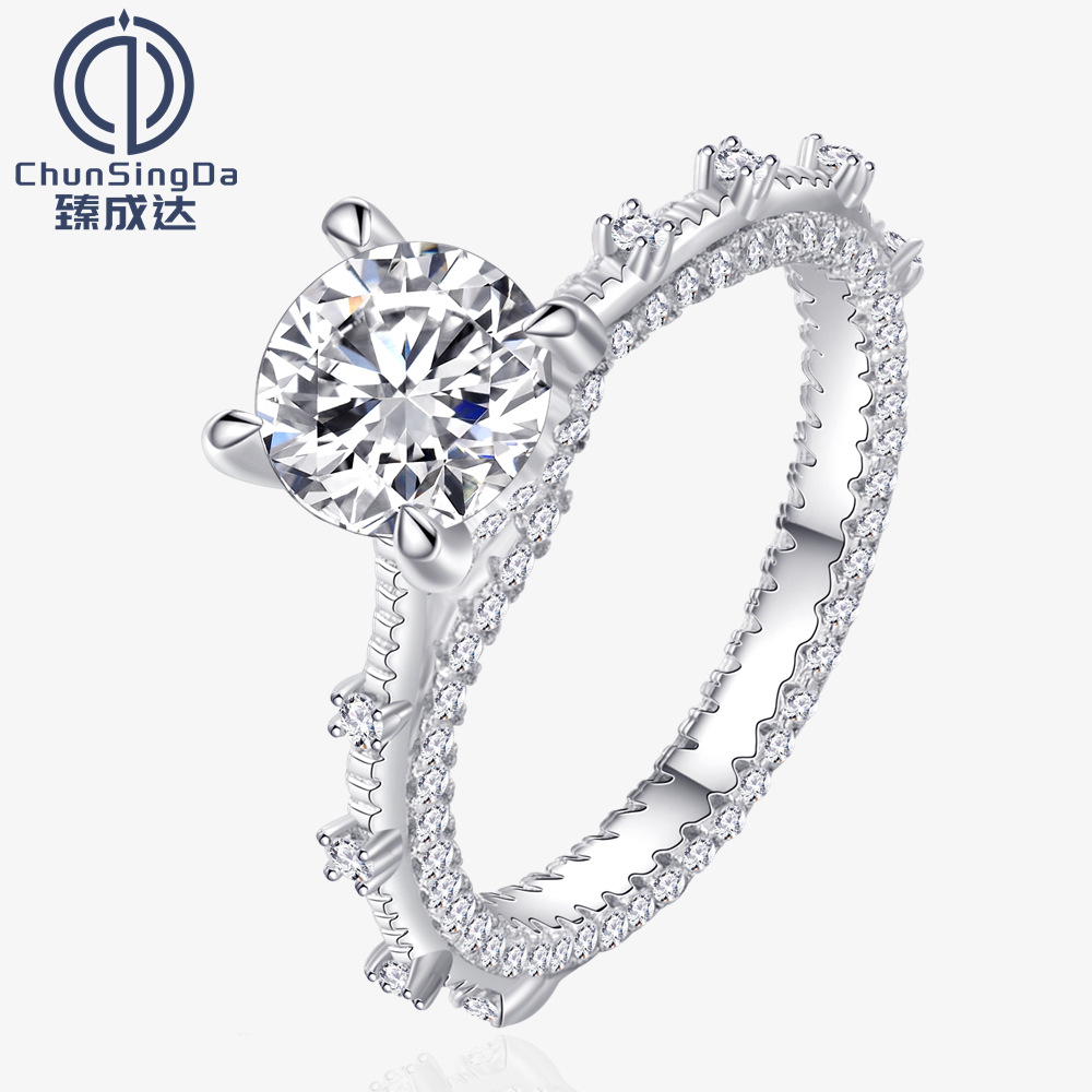 Zhenchengda Bright Cut Round 7mm Diamond Ring Women's Seiko Wall Inlay High Quality Wedding Proposal Ring 925 Silver