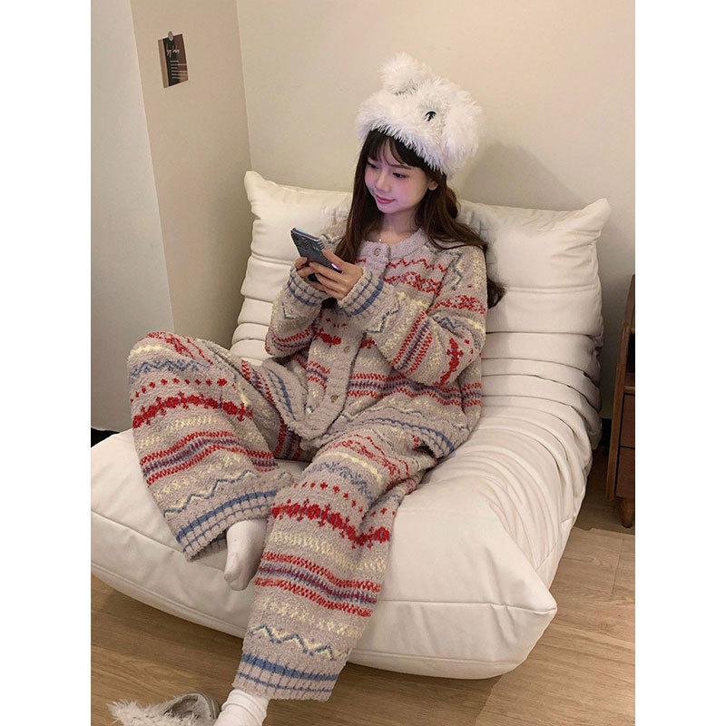 高级感休闲风半边绒睡衣女秋冬新款加厚大码条纹珊瑚绒家居服套装|undefined