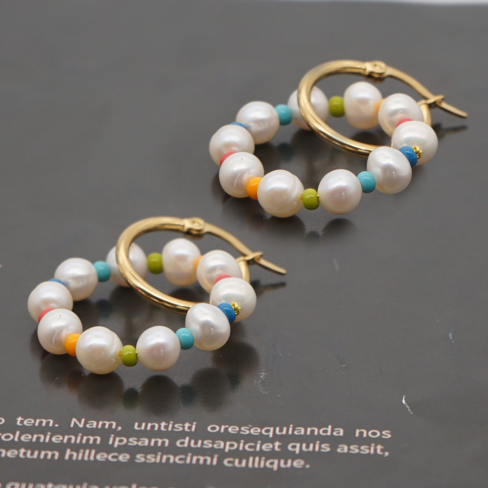 Simple Freshwater Baroque Pearl Rainbow Rice Beads Stainless Steel Earrings display picture 4