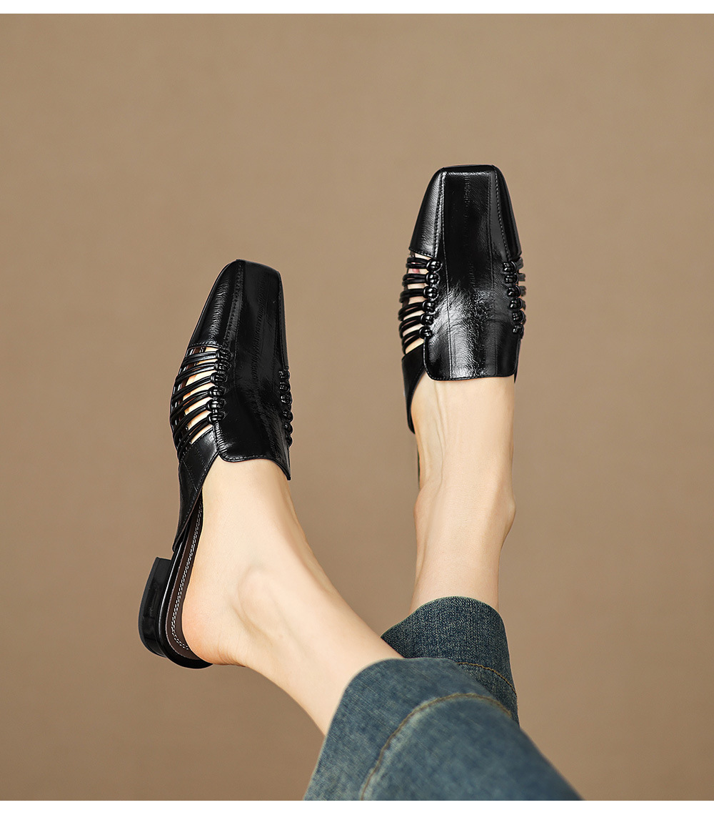 Dép sandal nữ quai chữ V bệt mũi tròn phong cách vintage — đen chi tiết 11